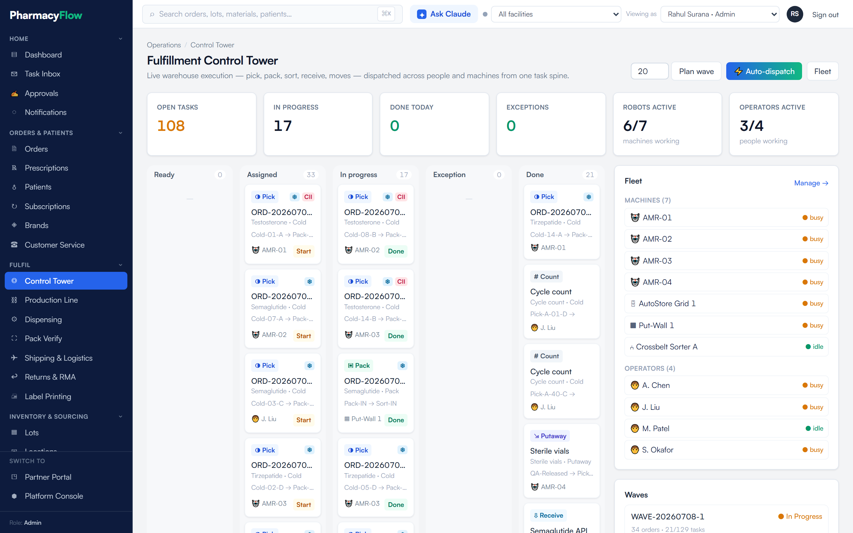 Control Tower with tasks by status, resource fleet and wave progress