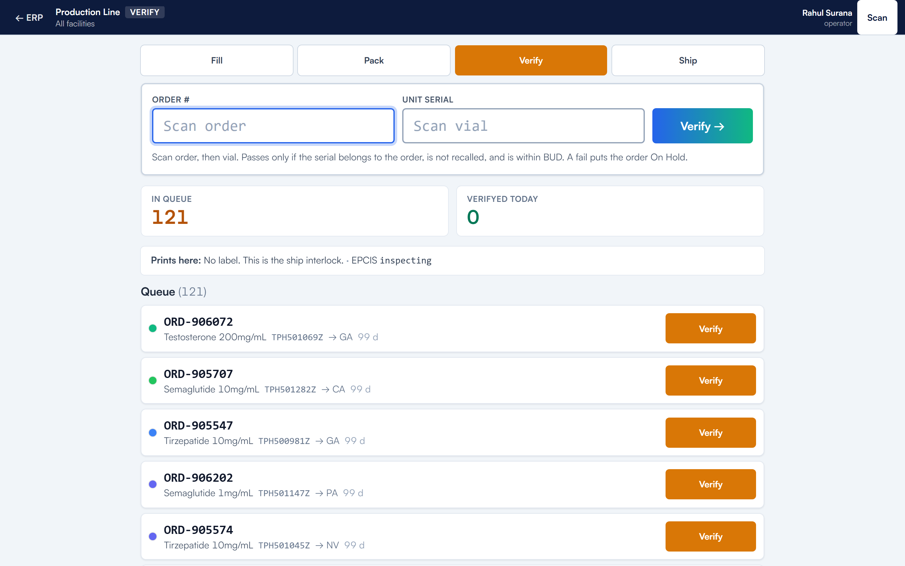 Pack-verify station: scan the unit serial, confirm product and patient, pass or fail