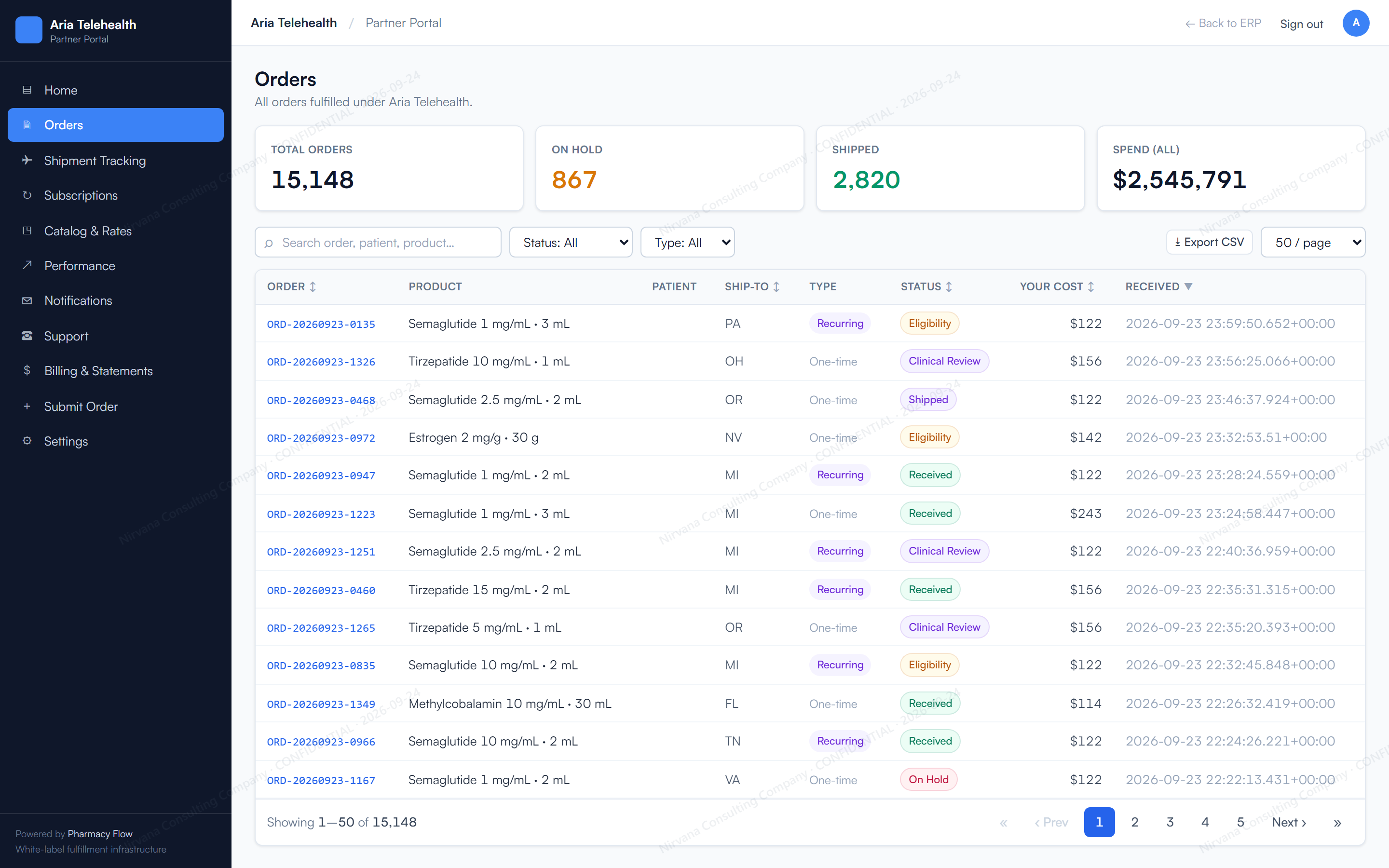 Partner portal orders list with status, facility and tracking for one brand