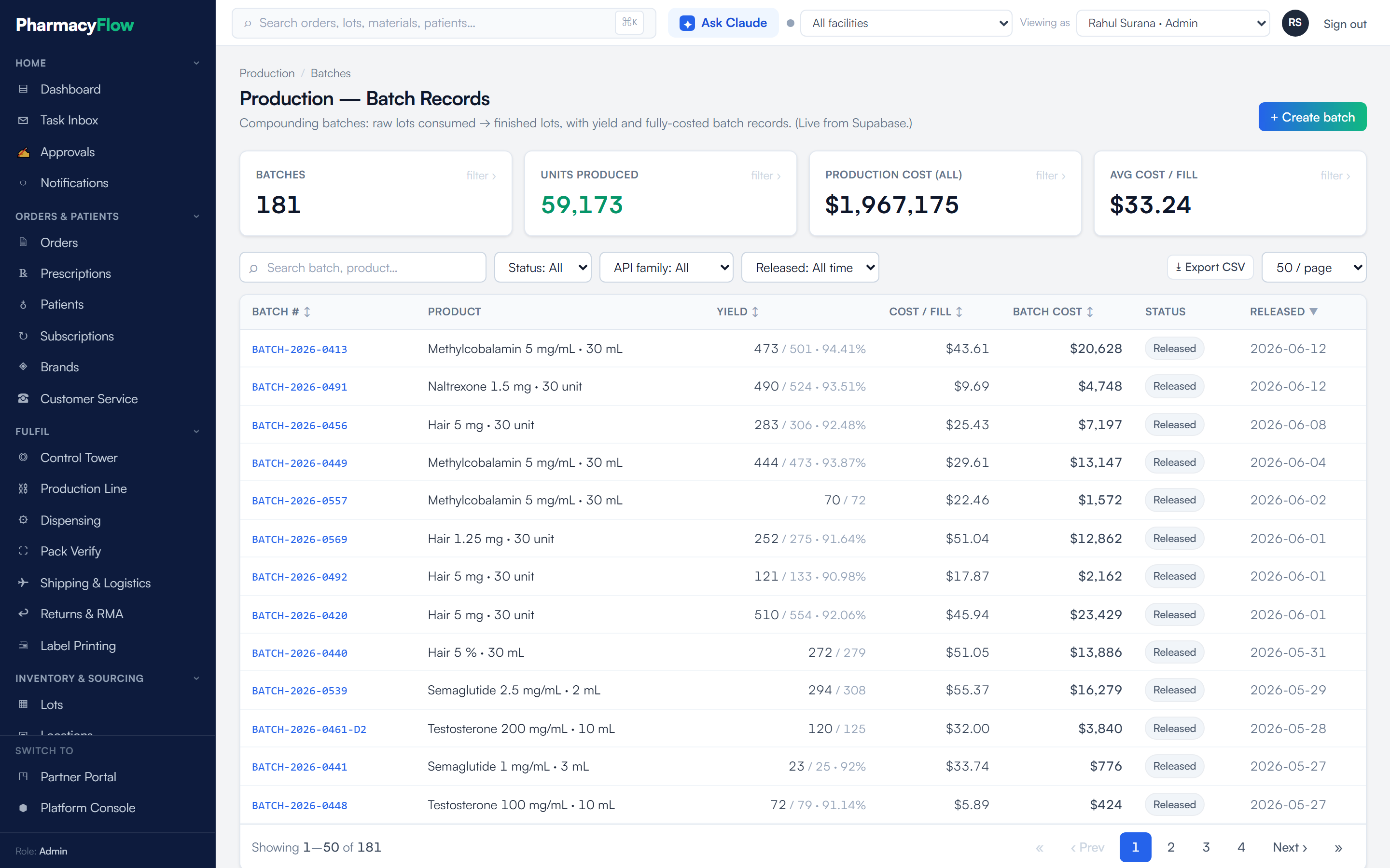 Batch list with batch number, product, units, status In Process or Released and BUD